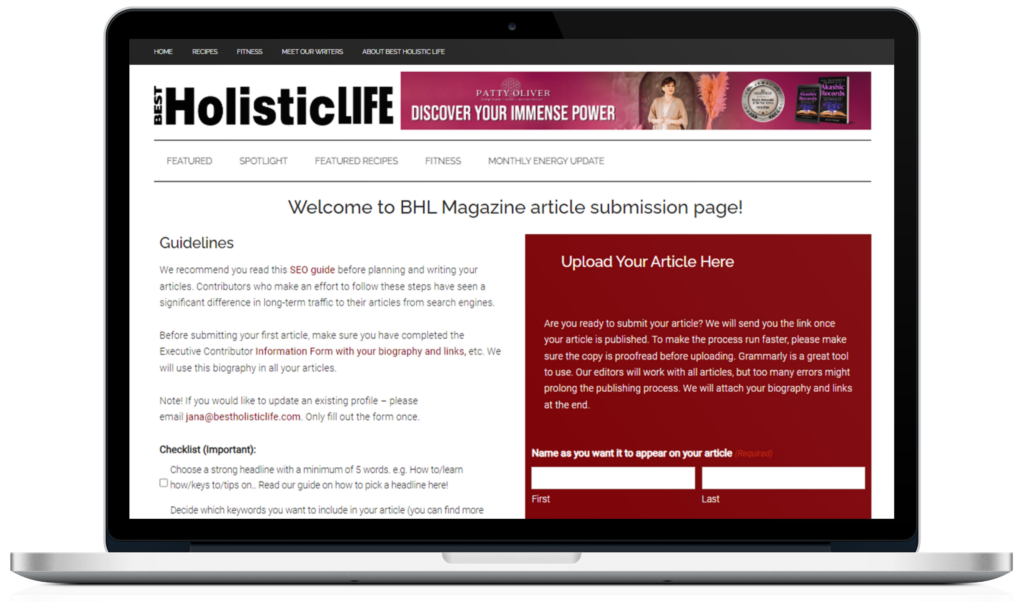 Mockup of the Best Holistic Life Magazine article submission page displayed on a laptop screen. The page includes guidelines for submitting articles, SEO recommendations, and an article submission form.